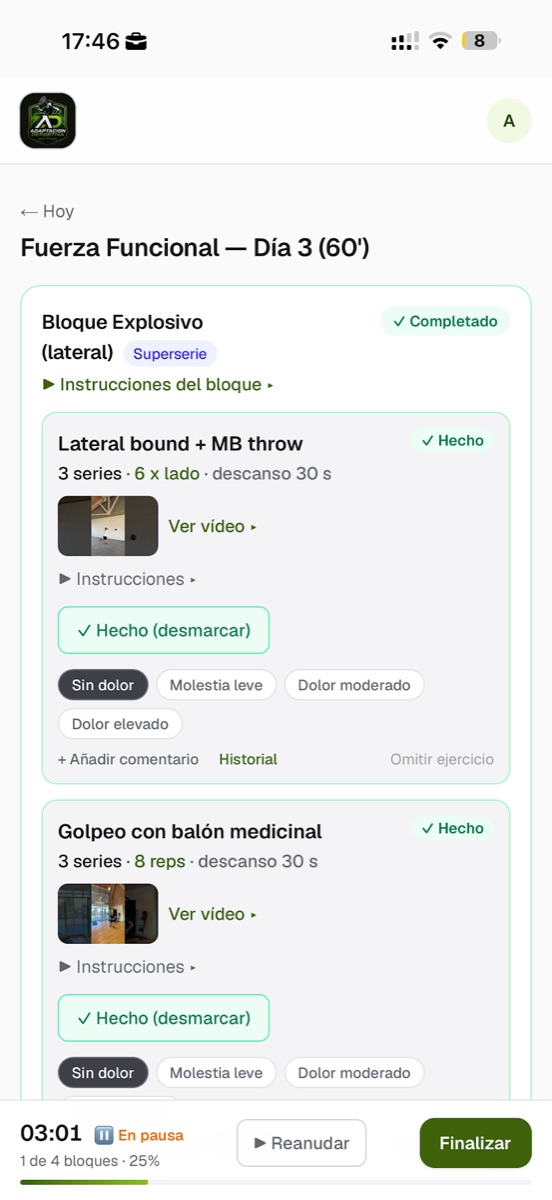 Rutina personalizada dentro de la app, con bloques, series y registro de molestias